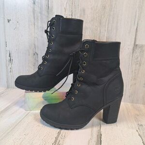 Timberland Glancy High Heel Black Nubuck Leather Boots Sz 8 Streetwear Goth Y2K